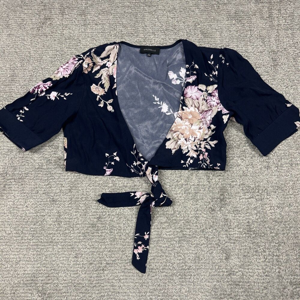 MAJORELLE Top Womens Small Open Tie Front Navy Floral Cropped Blouse Shirt